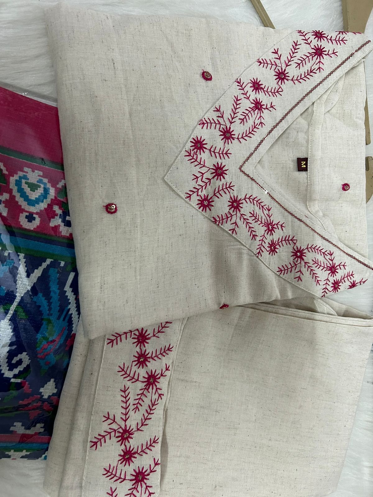 Cotton Flex Embroidered Kurti Set with Silk Dupatta
